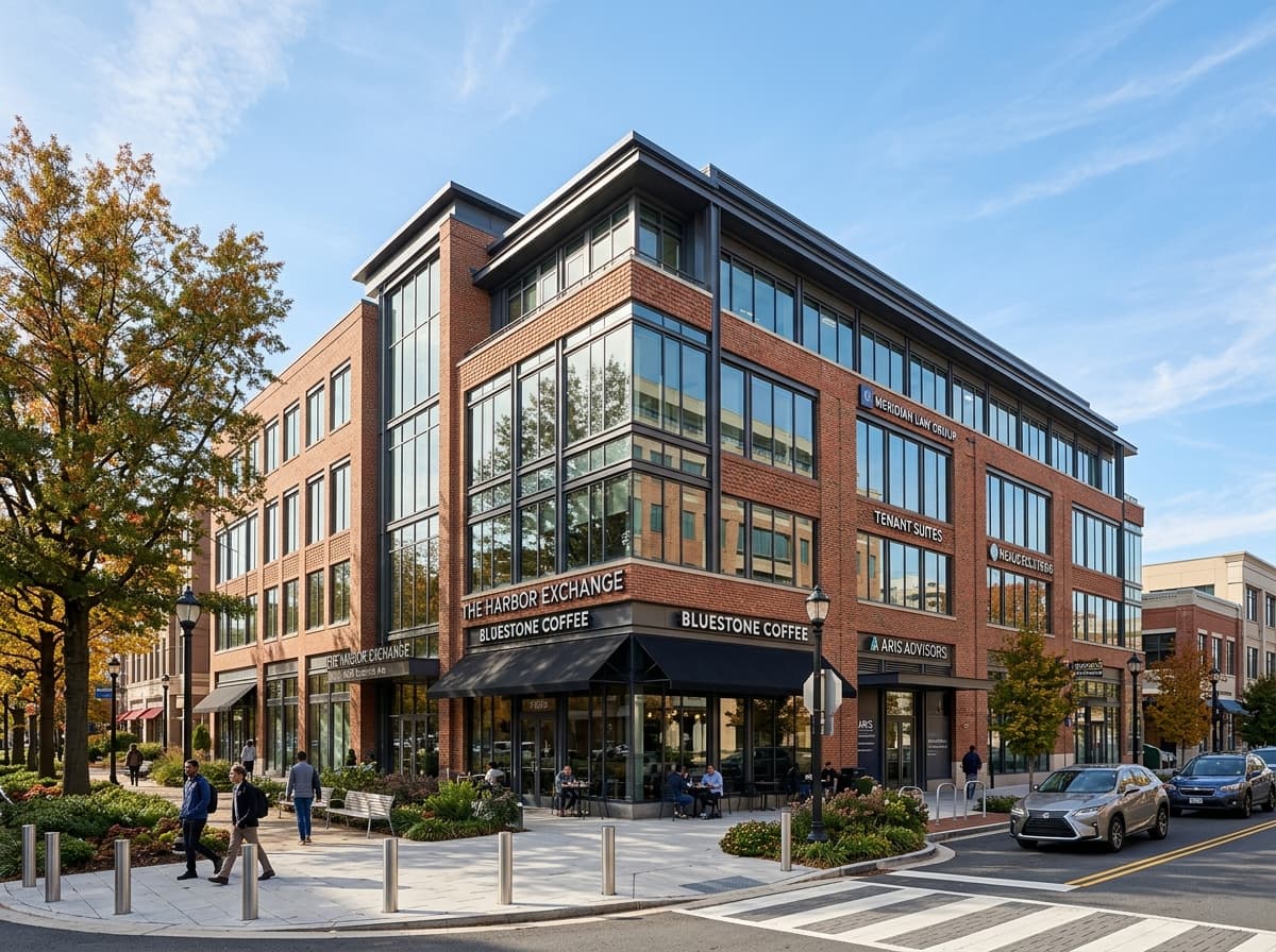 Modern commercial office building and storefront architecture representing Maryland business property protection