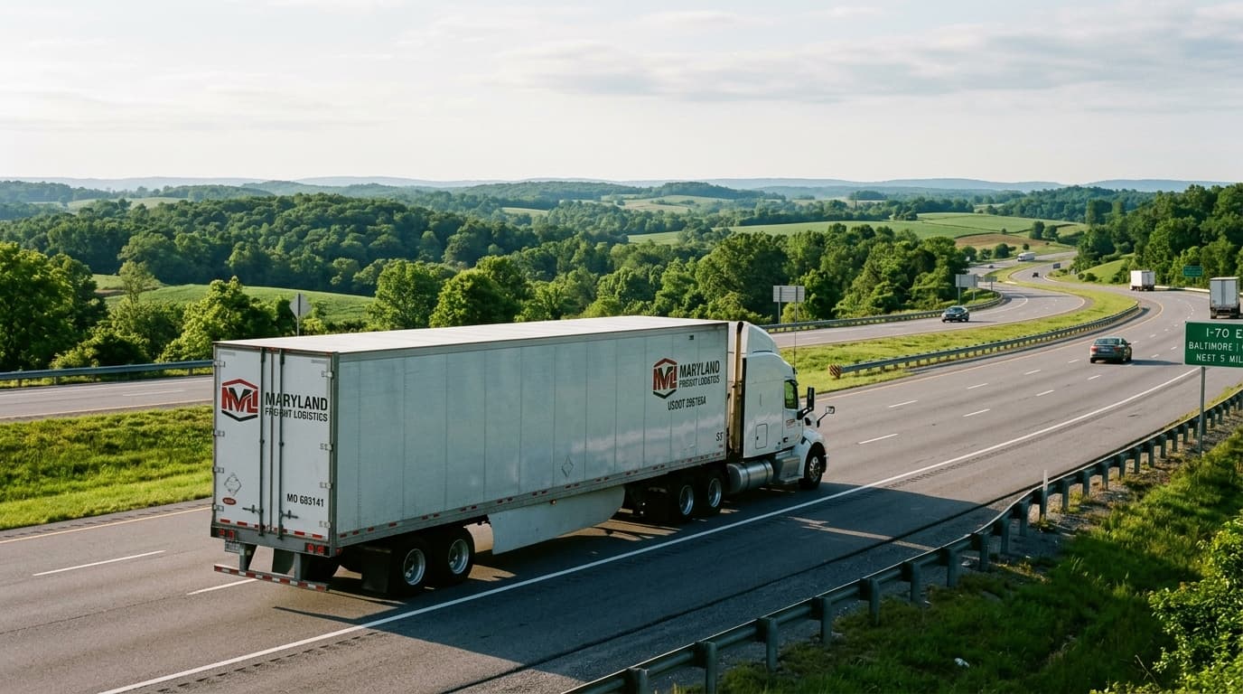 Commercial freight motor carrier transit along the Maryland I-70 highway corridor representing commercial trucking insurance